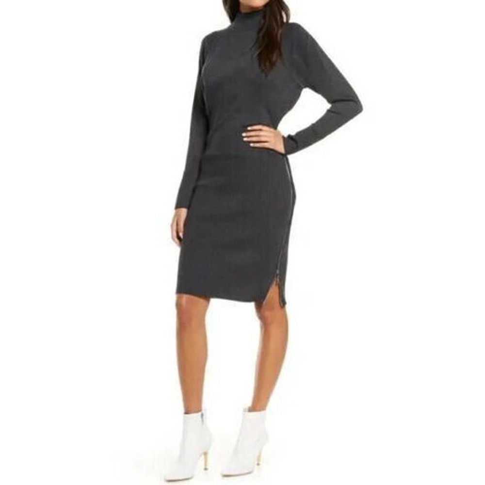 A8 NWT ELIZA J Grey Knit Mock Neck Zipper Side Long Sleeve Sweater Dress Size S - Picture 1 of 8